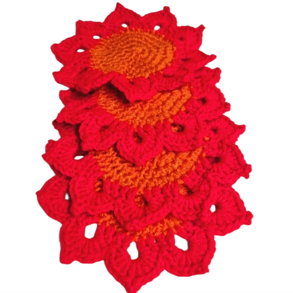 Vibrant Red and Orange Crochet Poinssttia Coasters -Set Of 4-